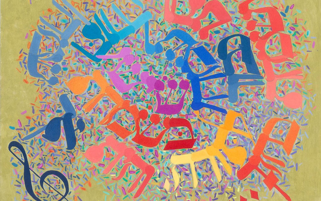 Painting featuring a musical clef and Hebrew letters in orange, red, violet, and blue on a puce background